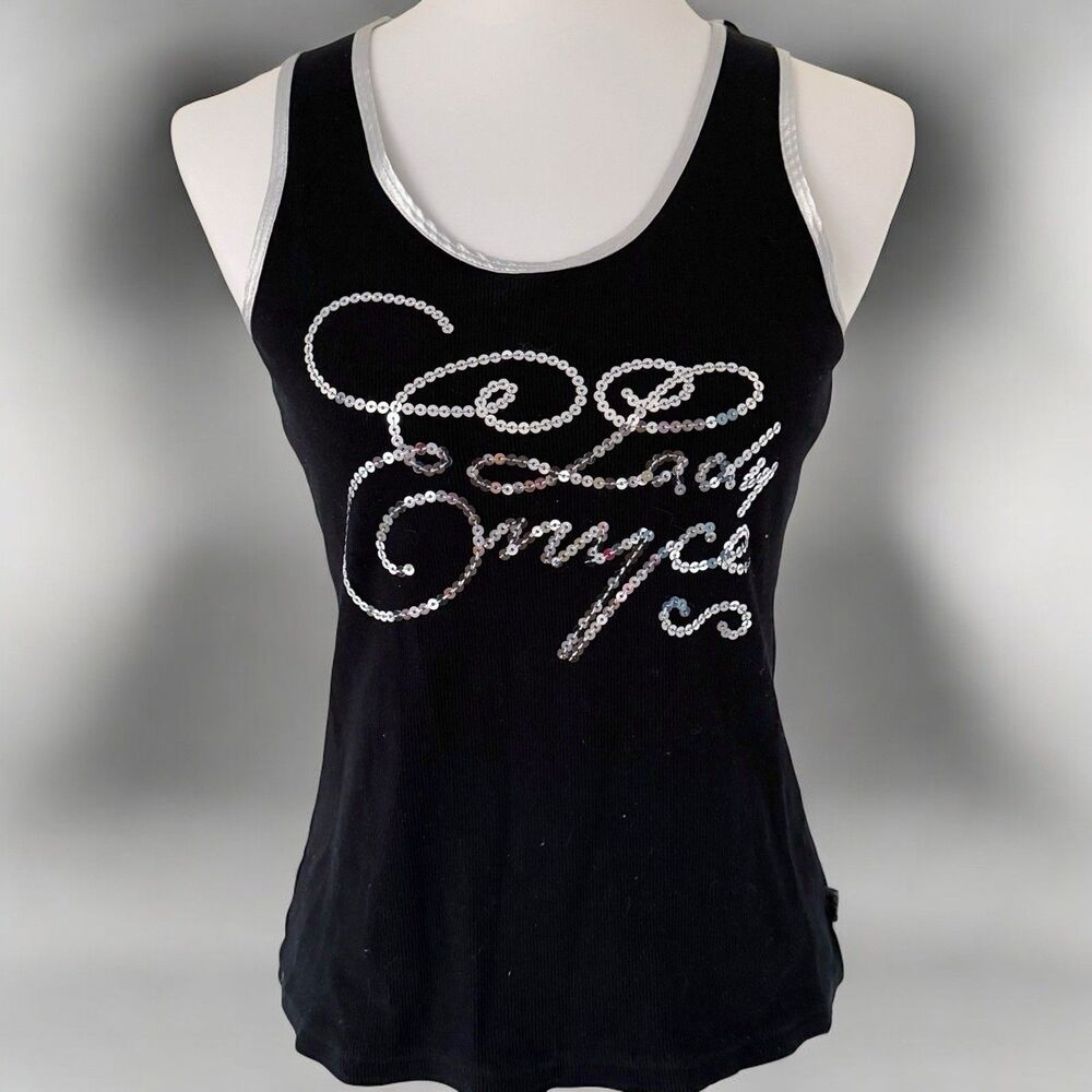 Vintage Enyce Jeans Black Sequin Spellout Bling Tee Shirt Top Y2K Streetwear XL